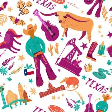 Seamless pattern with symbols and animals of America Texas state. Full color Stock Illustration