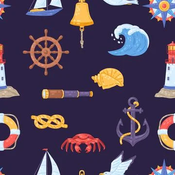 Seamless pattern with symbols and items. Marine cute background. Illustrazione stock