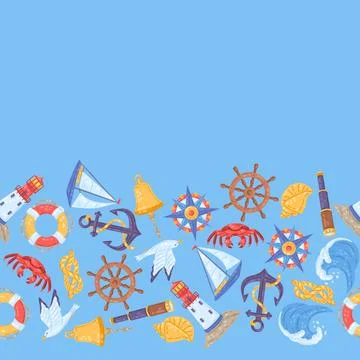 Seamless pattern with symbols and items. Marine cute background. イラスト素材