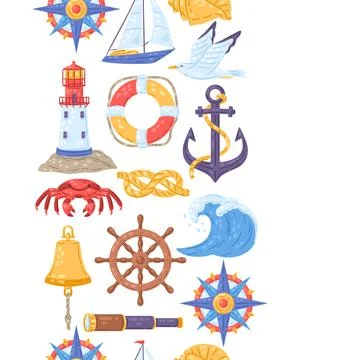 Seamless pattern with symbols and items. Marine cute background. Illustrazione stock