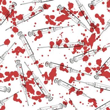 Seamless pattern with syringe linear black and white drawing. Red drops blood Stock Illustration