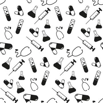 Seamless pattern with a syringe stethoscope test tube bulb pill Monochrome Ve Stock Illustration