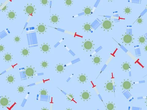 Seamless pattern with syringes, vials and viral cells. Coronavirus vaccine bo Illustrazione stock