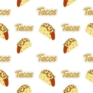 Seamless pattern of Tacos and Handwriting Lettering. Latin American cuisine 스톡 일러스트