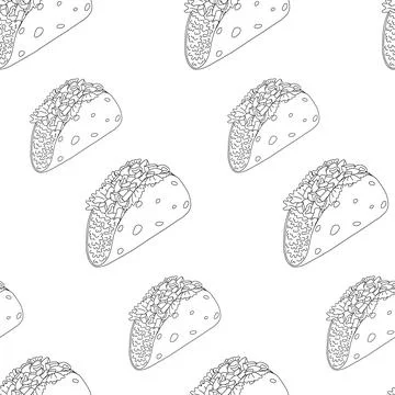 Seamless pattern with Tacos from meat, vegetables pointing in different Stock Illustration