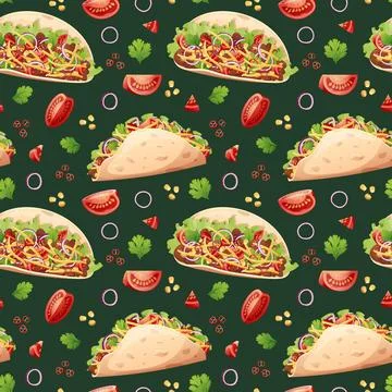 Seamless pattern with tacos. Texture with traditional mexican food. Great for Stock Illustration