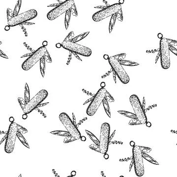 Seamless pattern tactical pocket knife sketch hand drawn Stock Illustration