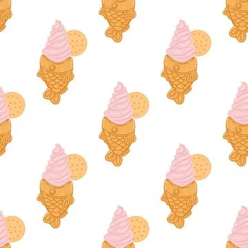 Seamless pattern with taiyaki fish-shaped ice cream cone in cartoon flat styl Stock Illustration