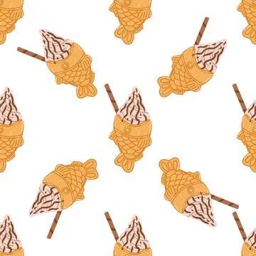 Seamless pattern with taiyaki fish-shaped ice cream cone in cartoon flat styl Stock Illustration