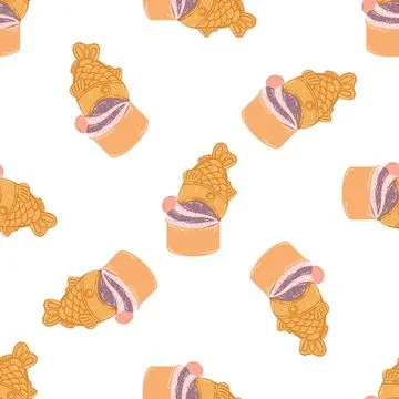 Seamless pattern with taiyaki fish-shaped ice cream cone in cartoon flat styl Stock Illustration
