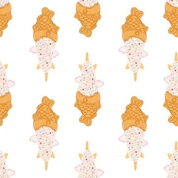 Seamless pattern with taiyaki fish-shaped ice cream cone in cartoon flat styl Stock Illustration