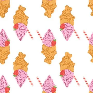 Seamless pattern with taiyaki fish-shaped ice cream cone in cartoon flat styl Stock Illustration