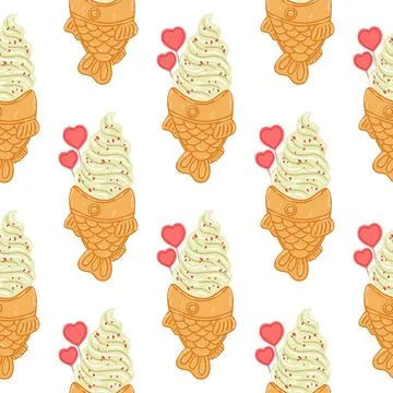 Seamless pattern with taiyaki fish-shaped ice cream cone in cartoon flat styl Stock Illustration