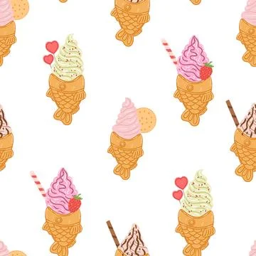 Seamless pattern with taiyaki fish-shaped ice cream cone in cartoon flat styl Stock Illustration