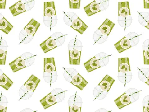 Seamless pattern with Take away matcha cup with label. Transparent plastic cup Stock Illustration