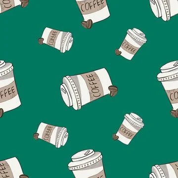 Seamless pattern with takeaway paper coffee cups  on green background. For .. Stock-Illustration