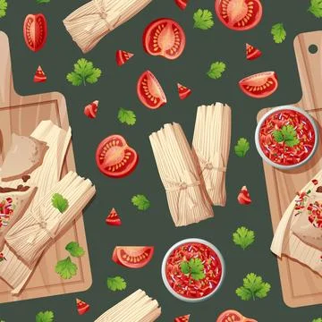 Seamless pattern with tamales and salsa. National Mexican food. Suitable fo.. Stock Illustration