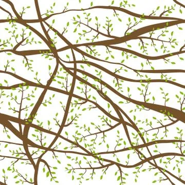 Seamless pattern tangled Brown branches with green leaves on white abstract b Stock Illustration