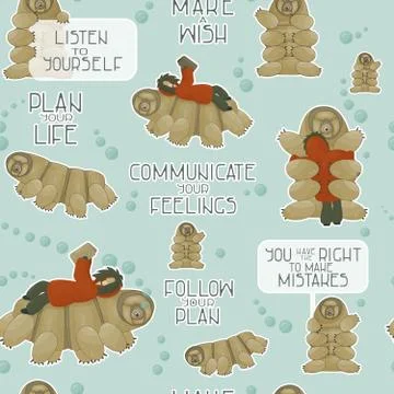 Seamless pattern of tardigrades with reading human and different phrases from Stock Illustration
