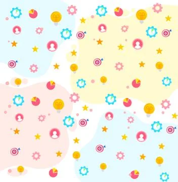 Seamless pattern with target, clock, light bulb, gear, stars and charts. Vector Illustrazione stock