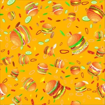 Seamless pattern tasty burger grilled beef and fresh vegetables dressed with Stock Illustration