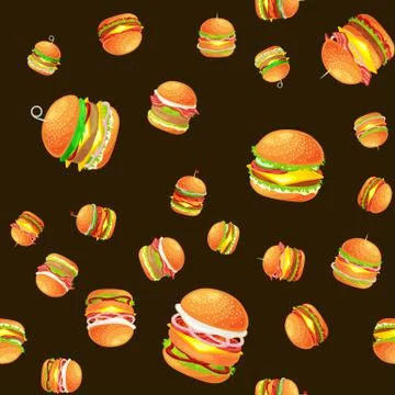 Seamless pattern tasty burger grilled beef and fresh vegetables dressed with Stock Illustration
