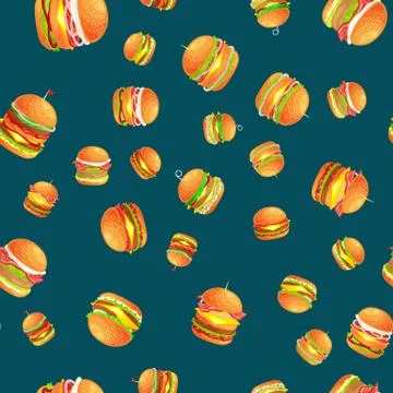 Seamless pattern tasty burger grilled beef and fresh vegetables dressed with Stock Illustration