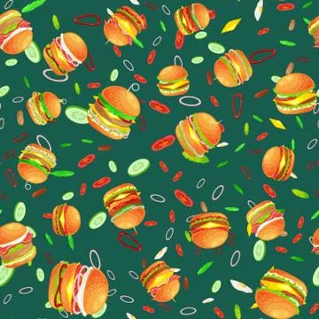 Seamless pattern tasty burger grilled beef and fresh vegetables dressed with Stock Illustration