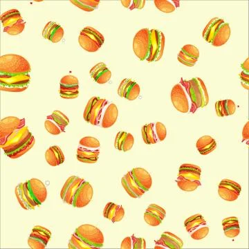 Seamless pattern tasty burger grilled beef and fresh vegetables dressed with Stock Illustration