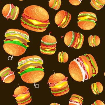Seamless pattern tasty burger grilled beef and fresh vegetables dressed with Stock Illustration