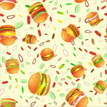 Seamless pattern tasty burger grilled beef and fresh vegetables dressed with Stock Illustration