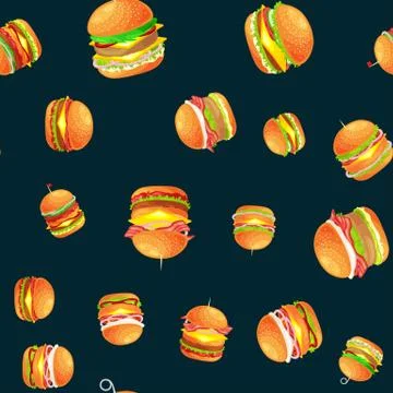 Seamless pattern tasty burger grilled beef and fresh vegetables dressed with Stock Illustration