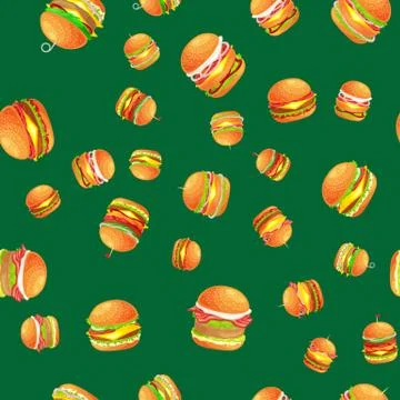 Seamless pattern tasty burger grilled beef and fresh vegetables dressed with Illustrazione stock