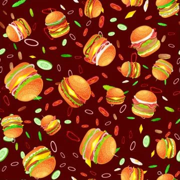 Seamless pattern tasty burger grilled beef and fresh vegetables dressed with Stock Illustration