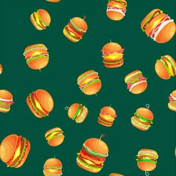 Seamless pattern tasty burger grilled beef and fresh vegetables dressed with Stock Illustration