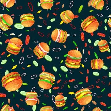 Seamless pattern tasty burger grilled beef and fresh vegetables dressed with Stock Illustration