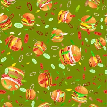 Seamless pattern tasty burger grilled beef and fresh vegetables dressed with Stock Illustration