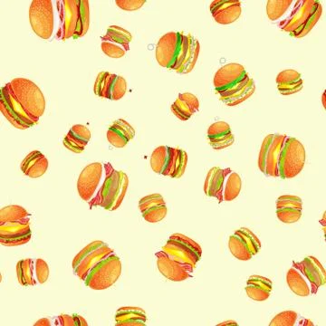 Seamless pattern tasty burger grilled beef and fresh vegetables dressed with Stock Illustration