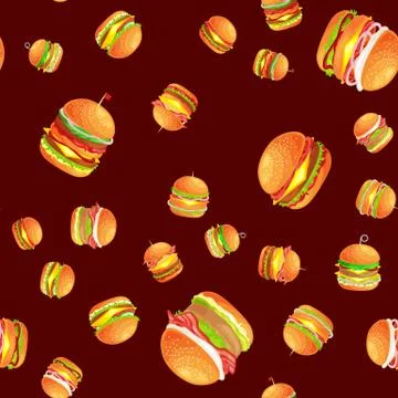 Seamless pattern tasty burger grilled beef and fresh vegetables dressed with Stock Illustration