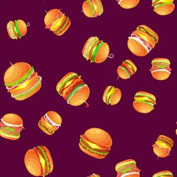 Seamless pattern tasty burger grilled beef and fresh vegetables dressed with Stock Illustration