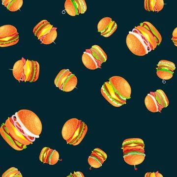Seamless pattern tasty burger grilled beef and fresh vegetables dressed with Stock Illustration