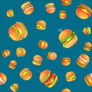 Seamless pattern tasty burger grilled beef and fresh vegetables dressed with Stock Illustration