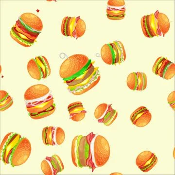 Seamless pattern tasty burger grilled beef and fresh vegetables dressed with Stock Illustration
