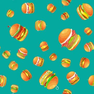 Seamless pattern tasty burger grilled beef and fresh vegetables dressed with Stock Illustration