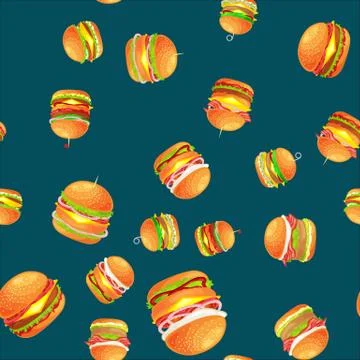 Seamless pattern tasty burger grilled beef and fresh vegetables dressed with Stock Illustration