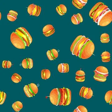 Seamless pattern tasty burger grilled beef and fresh vegetables dressed with Stock Illustration