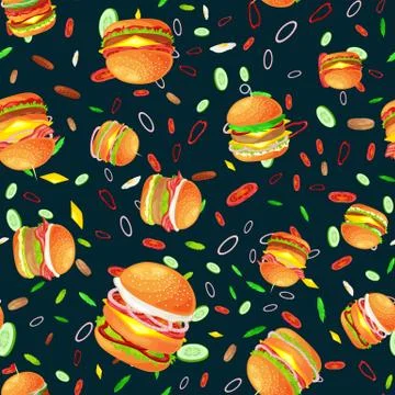 Seamless pattern tasty burger grilled beef and fresh vegetables dressed with Stock Illustration