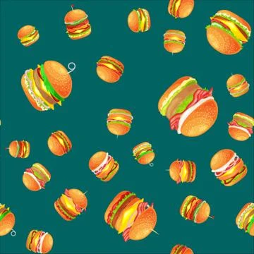 Seamless pattern tasty burger grilled beef and fresh vegetables dressed with Stock Illustration