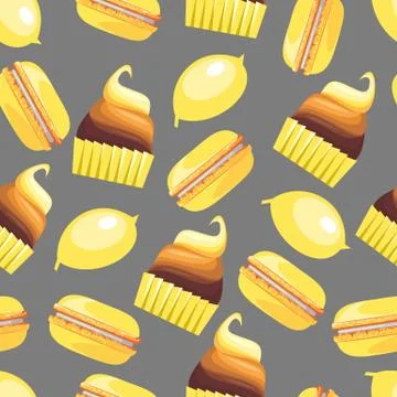 Seamless pattern with tasty macaroons, cupcake, cake and lemon Illustrazione stock