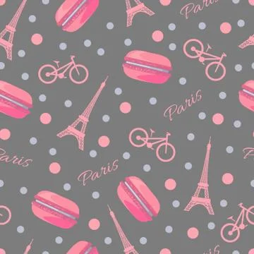 Seamless pattern with tasty macaroons, Eiffel Tower, Paris, bike and dots Stock Illustration